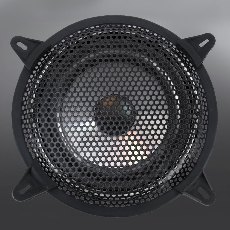 Black round subwoofer mesh protective cover with mounting tabs and fine holes