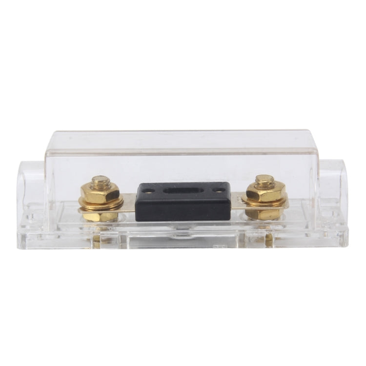 Blade fuse holder with clear case, black fuse blade, and two gold screw terminals