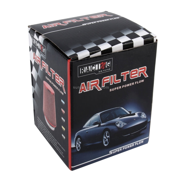 Universal air filter product box with red cone filter image and checkered branding