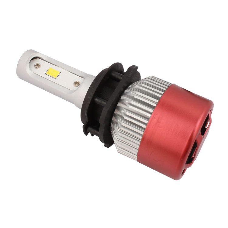 LED headlight bulb with metal fins and black base, red heat-sink ring and yellow lens