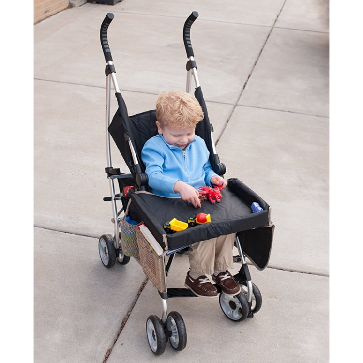 Blue stroller activity tray accessory attached to seat with side toy compartments