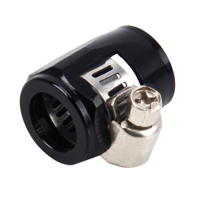 Angled view of black AN6 hose adapter with metal clamp hardware and open port