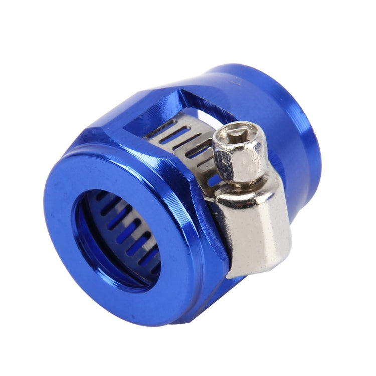 Blue aluminum hose adapter with threaded clamp nut and vented hose opening