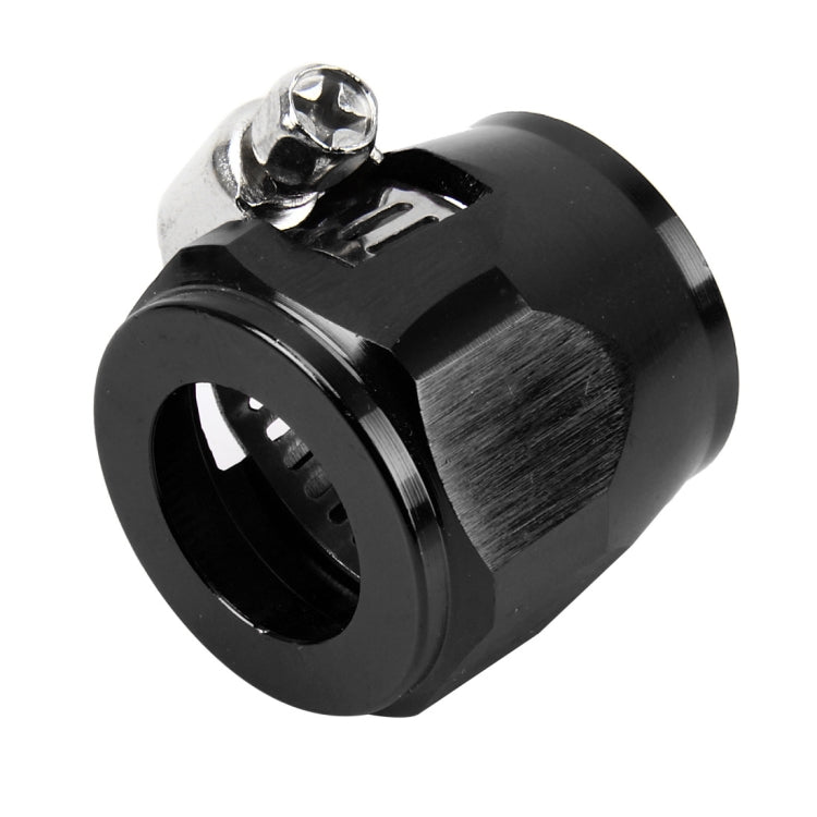 Black aluminum hose clamp adapter with circular inlet, serrated clamp strap, bolt.