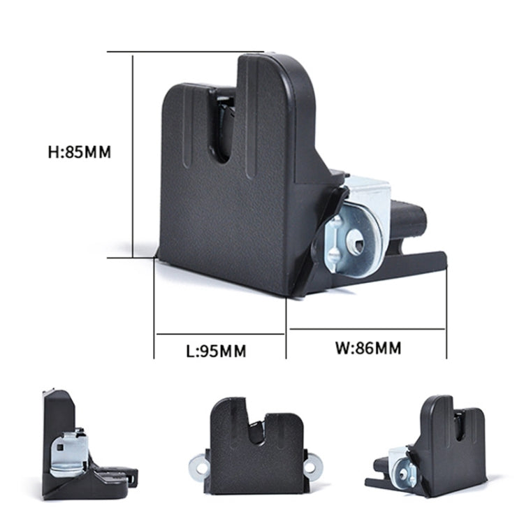 Trunk lock actuator showing overall size diagram; black housing with metal bracket