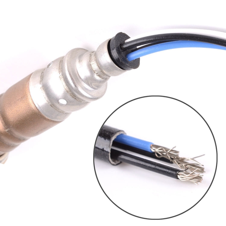 Oxygen sensor wire end with blue heat-shrink and exposed crimped leads