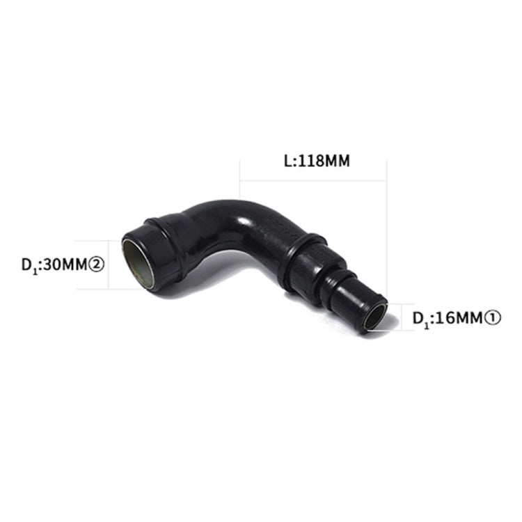 Black breather hose elbow with 118mm length and 30mm/16mm diameters