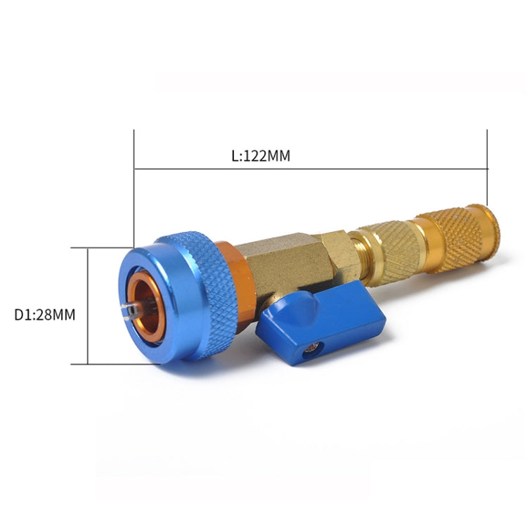 R134A valve core tool with measurement diagram; blue cap and brass connector