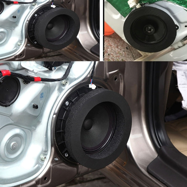 Car door speaker with black round soundproofing pads, multi-angle installed views