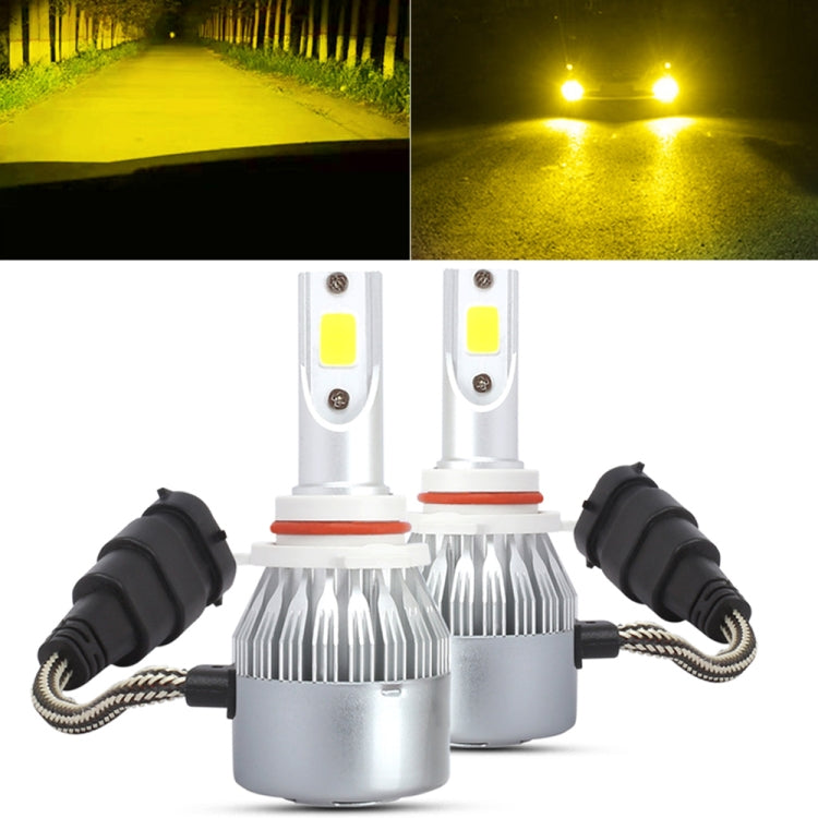 Car LED headlight bulb set with yellow-tinted illumination and two white COB units