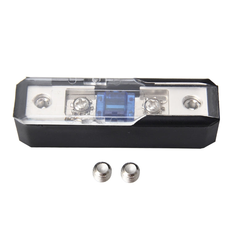 Car audio fuse holder with blue fuse blade, clear cover, and two silver screw terminals