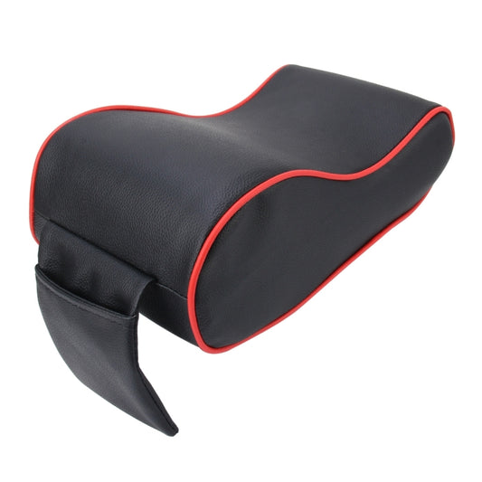PU leather car armrest box with memory foam, black with red piping and storage flap.