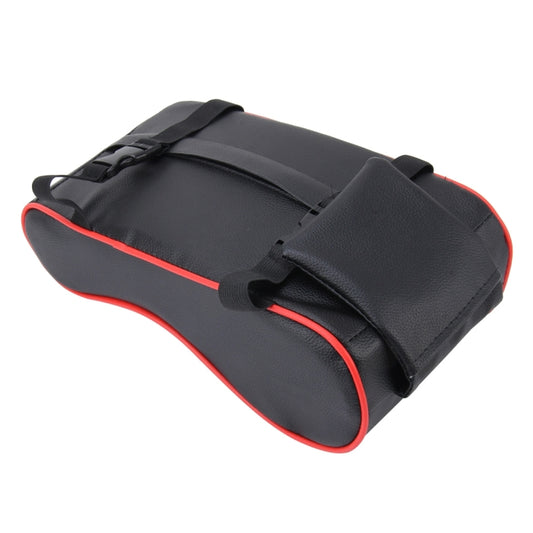 Car armrest box mat in black PU leather with memory foam and side straps, red piping.