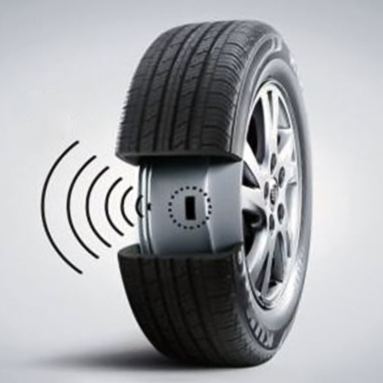 Gray TPMS tire pressure sensor mounted on tire with signal wave icon.