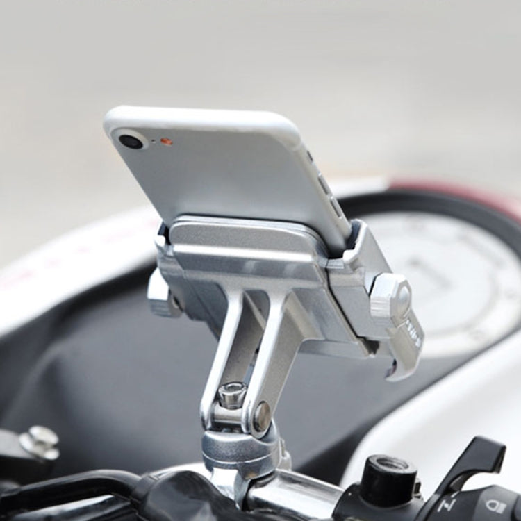 Silver motorcycle phone bracket with metal cradle mounted on handlebars
