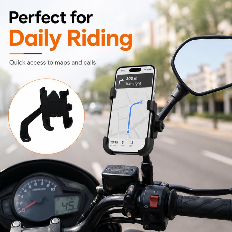 Black rear-view mirror phone mount on handlebars with adjustable cradle for secure viewing