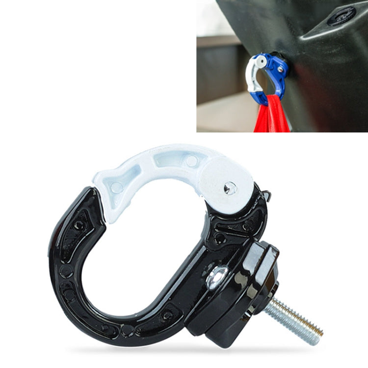 Black aluminum bag hook with white top plate, holding red strap on bar