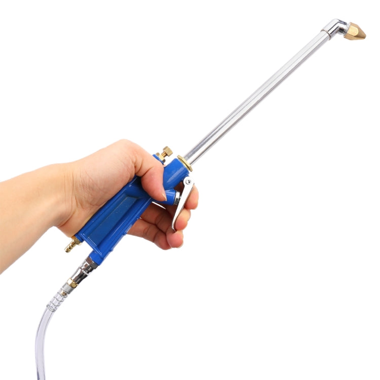 Blue high-pressure spray gun with metal wand and trigger, handheld.