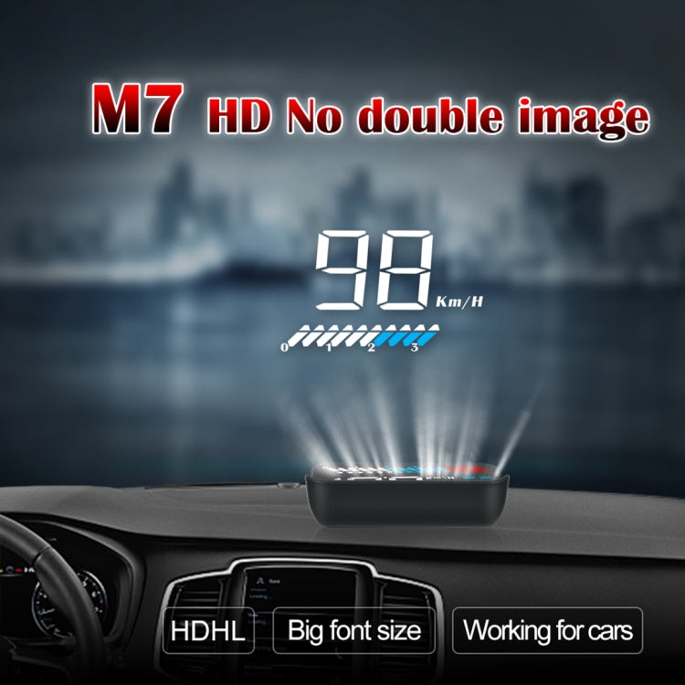 Car dashboard with windshield HUD speed readout in bright block digits