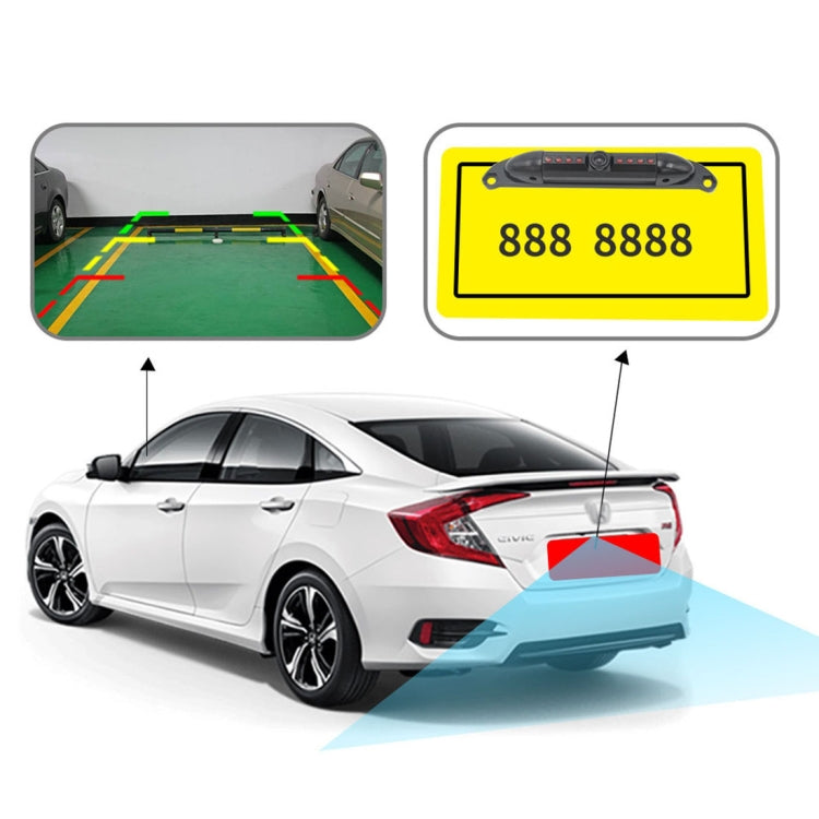 Rear view camera license plate frame mounted on car rear with display overlay