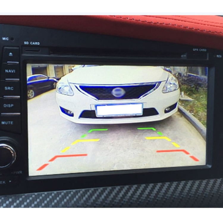 Car rear camera display showing parking guide lines and rear view of the road