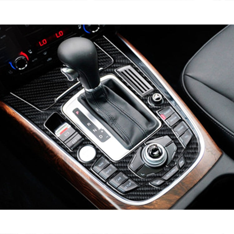 Installed front gear panel trim sticker on car center console, carbon-fiber style