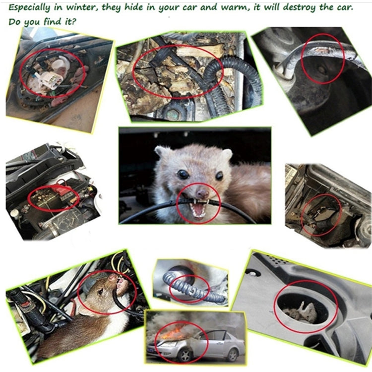Car pest repellent in use: device placement marked in vehicle areas with mice photos.