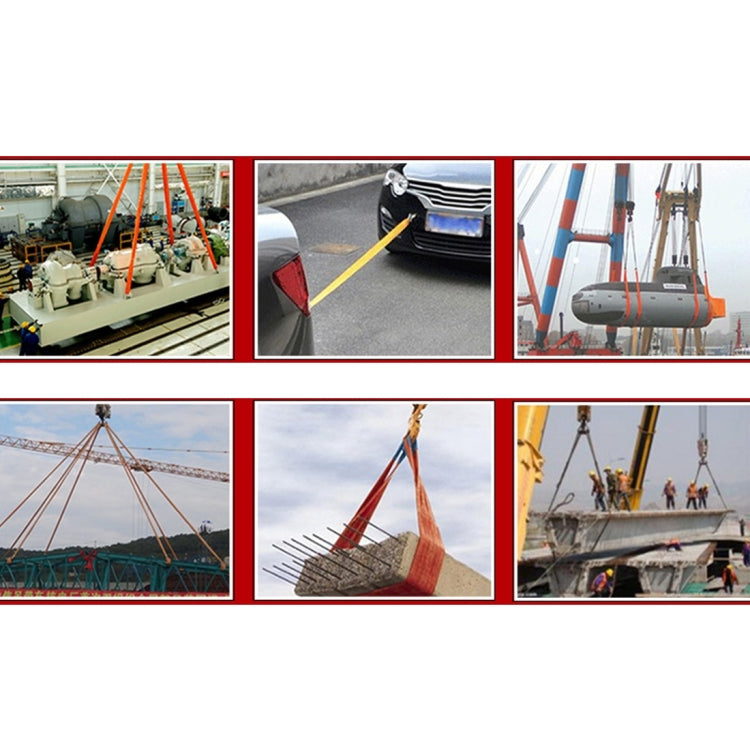 Recovery strap used in towing and crane lifting scenes, orange webbing