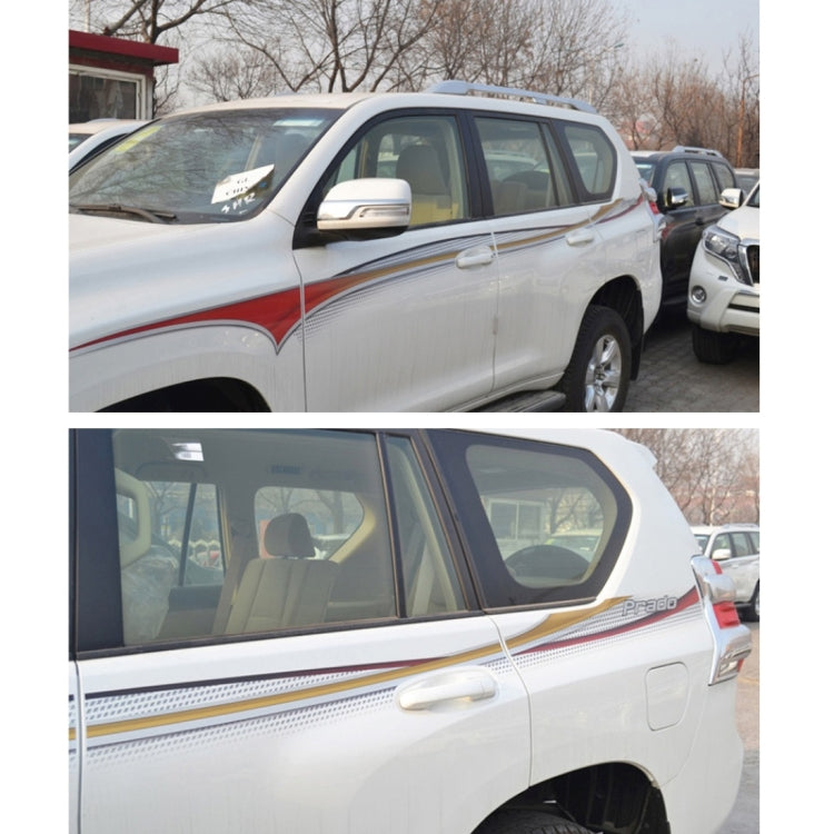 Car body decorative strip stickers on white SUV, side view with silver, gold, and red lines