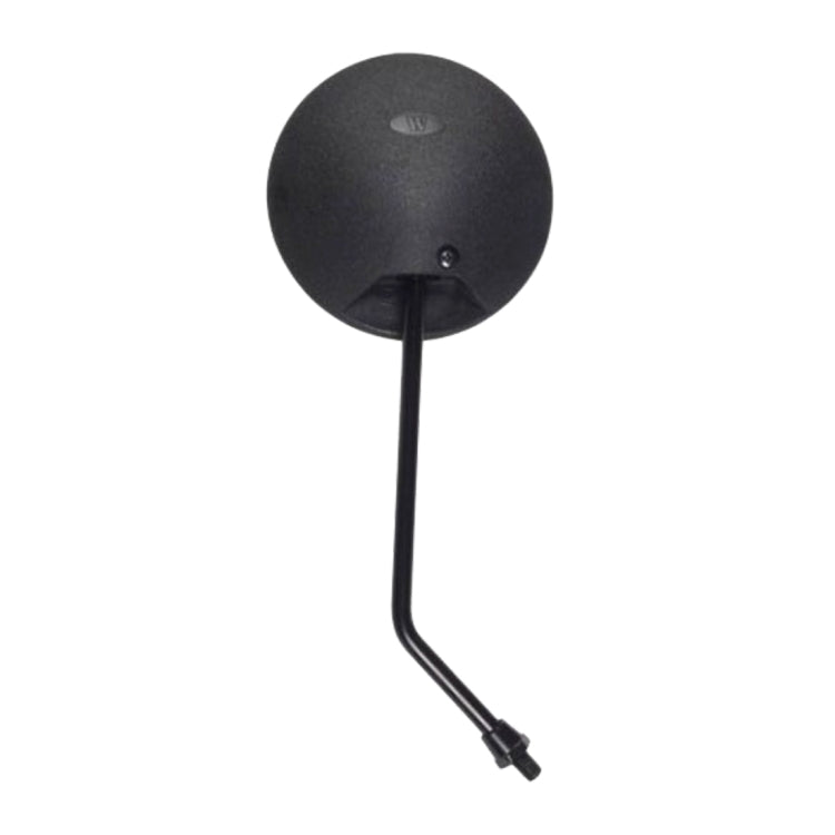 Round motorcycle rear-view mirror with black back plate and mounting stem