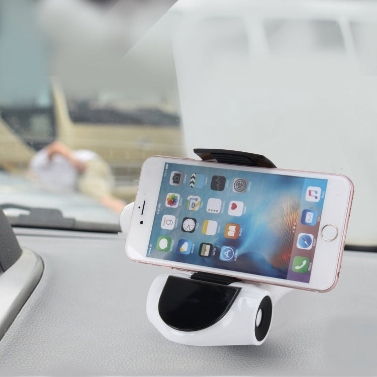 White sports car-shaped phone holder mounted in a car dashboard with a smartphone