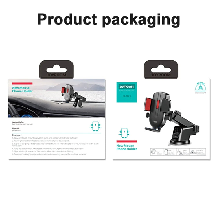 JOYROOM JR-OK3 phone holder retail box packaging with car mount shown.