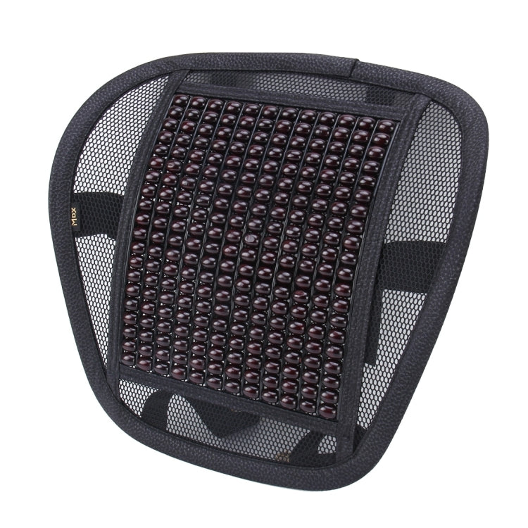 Beaded massage waist mat with breathable mesh, dark wooden beads, and black frame