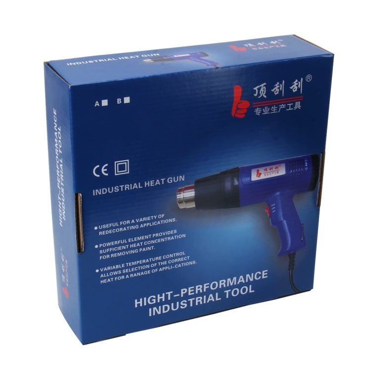 Industrial heat gun retail box with product image, blue graphics, and logo text