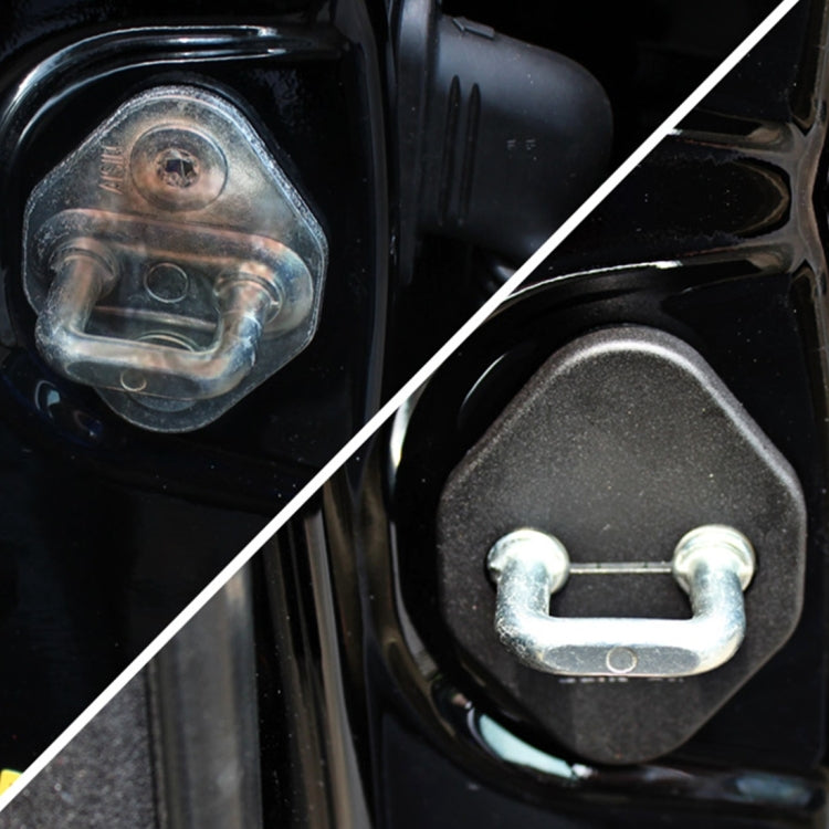 Two installed black car door lock covers on a car door, each with a U-bolt latch