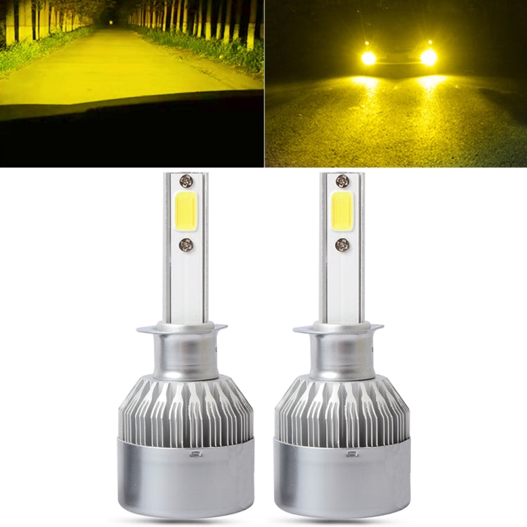 Pair of H1 LED headlight bulbs with warm yellow beam light, metal cooling housings