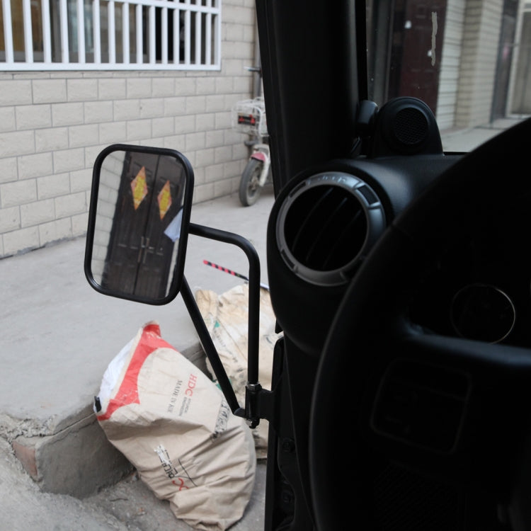 Installed black rectangular side mirrors on car door with adjustable support arms