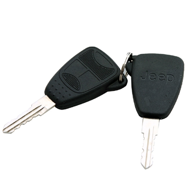 Two black ignition-style keys with Jeep logo for car hood latch lock