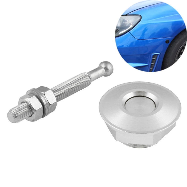 Silver car hood push-lock pin with stainless bolt and round billet base