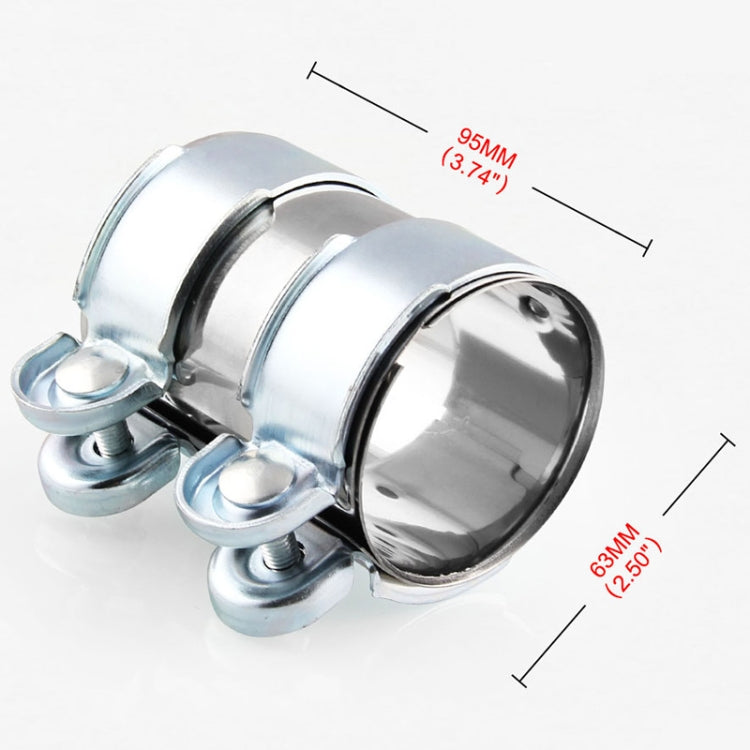 Stainless steel 2.5 in lap joint clamp band set, includes shown measurements (95mm/63mm)