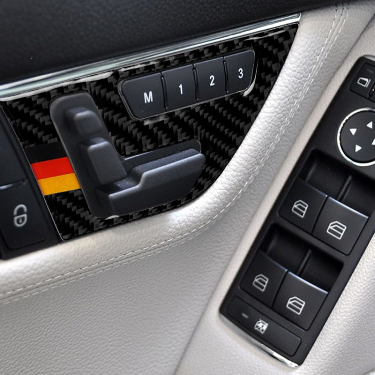 Installed carbon-fiber seat adjustment panel inserts with German flag stripes, two pieces