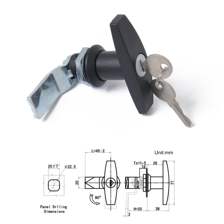 Black T-handle door latch lock set with keys and dimension diagram