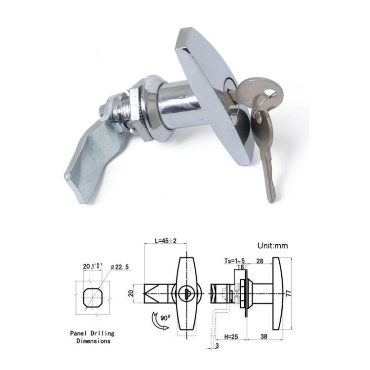 Silver T-handle latch lock with keys and included size diagram (mm)