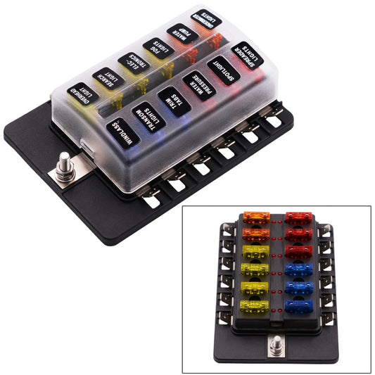 1 in 12 Out Fuse Box PC Terminal Block Fuse Holder Kits with LED Warning Indicator for Auto Car Truck Boat, 1 in 12 Out (PC Terminal Block)