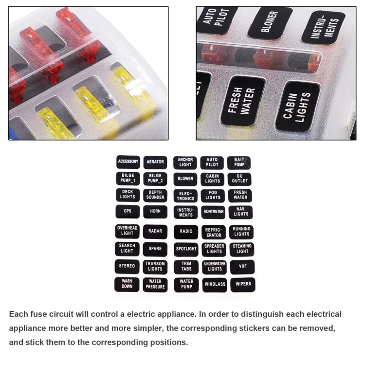 6-way fuse holder with screw terminals, clear cover, LED fuses, and label stickers