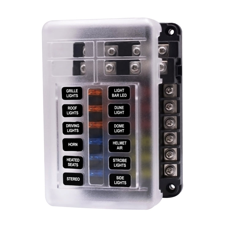 Blade fuse block with clear cover and printed circuit labels, plus terminal block