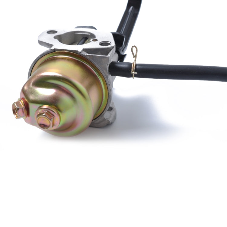 Carburetor kit with gasket, front view of metal carb body with black hose connection