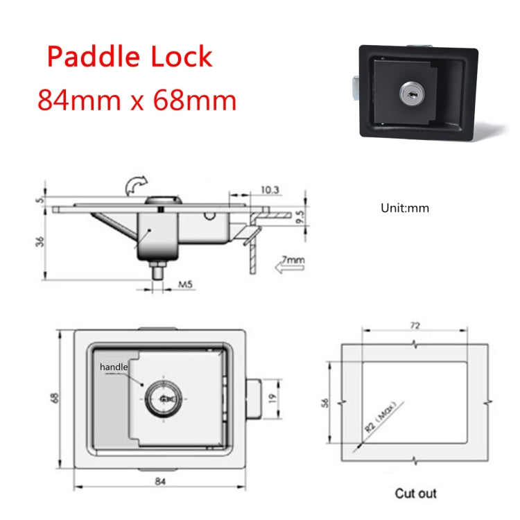 Paddle lock dimensions diagram: black latch face with 84mm x 68mm cutout layout