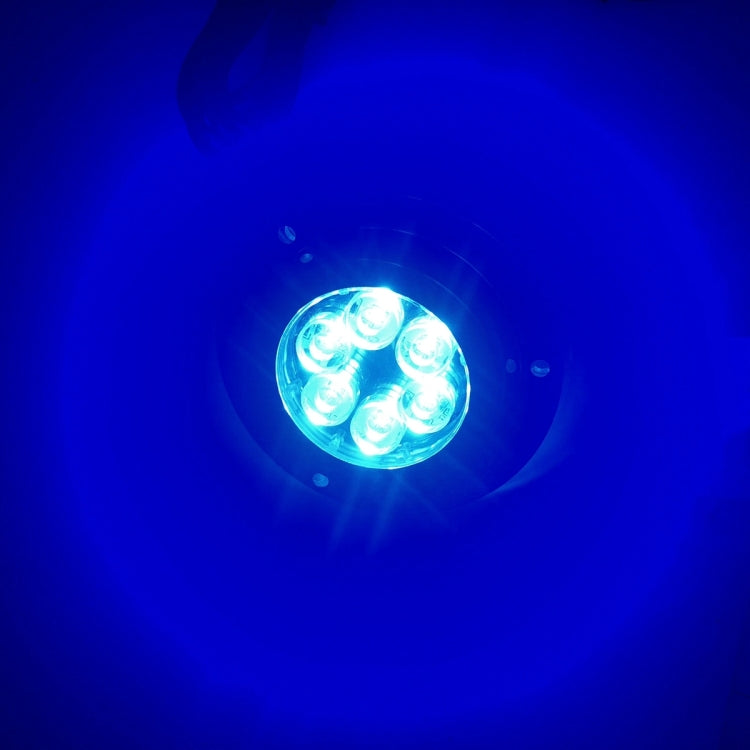 Blue-lit underwater LED spotlight with 6 LEDs, circular stainless housing