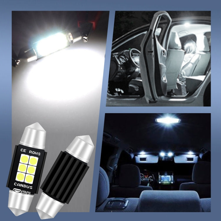 Pair of small silver car LED reading bulbs with bright white light, 39mm size